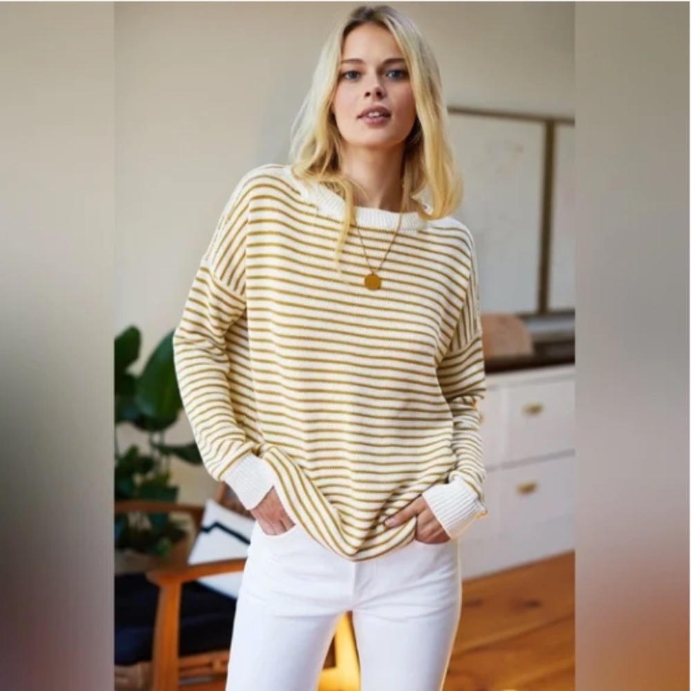 Emerson Fry Cream and Mustard Striped Knit Sweater